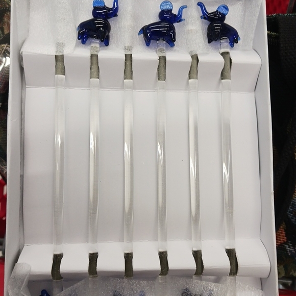 Set of Glass Swizzle Sticks with Blue Elephant Toppers - Picture 2 of 4